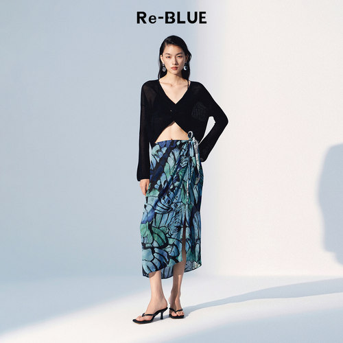 Re-BLUE蝴蝶印花系结围裹半身裙