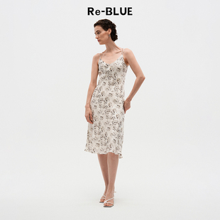 温柔雅致真丝混纺印花吊带连衣裙 BLUE轻奢优雅女装
