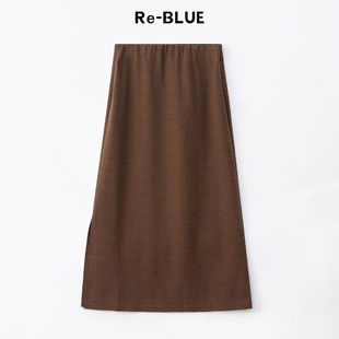 极简松紧腰直筒开衩半身裙 BLUE轻奢优雅女装