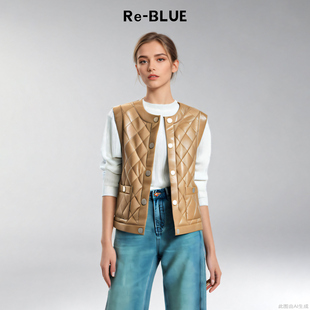 时髦皮质感绗缝菱格羽绒马甲 BLUE轻奢优雅女装
