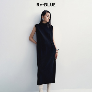 针织连衣裙 通勤风小立领腰部捏褶无袖 BLUE轻奢优雅女装