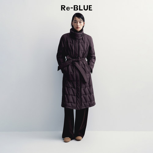 Re-BLUE长款立领腰带显瘦羽绒服