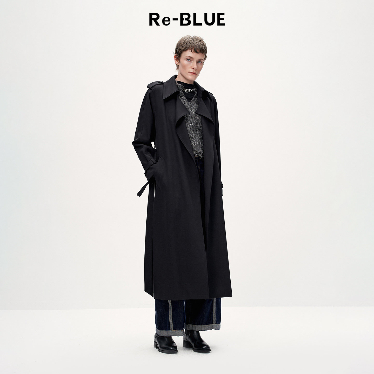 Re-BLUE轻奢优雅女装简约现代通勤翻领长款腰部系带风衣外套
