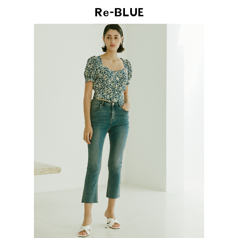 法式复古修身高腰微喇牛仔裤