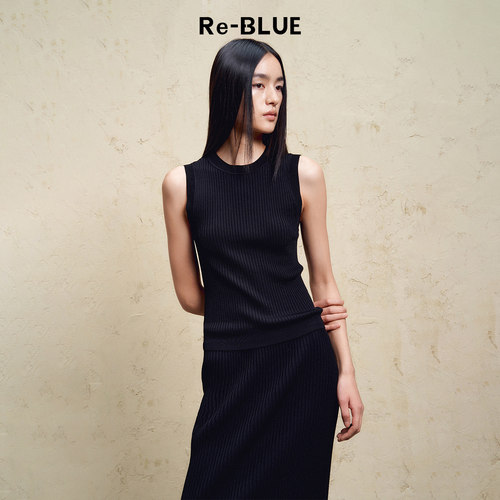 ReBLUE百搭圆领无袖坑条针织上衣