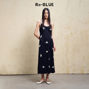 连衣裙 黑色底趣味印花吊带长款 BLUE轻奢优雅女装