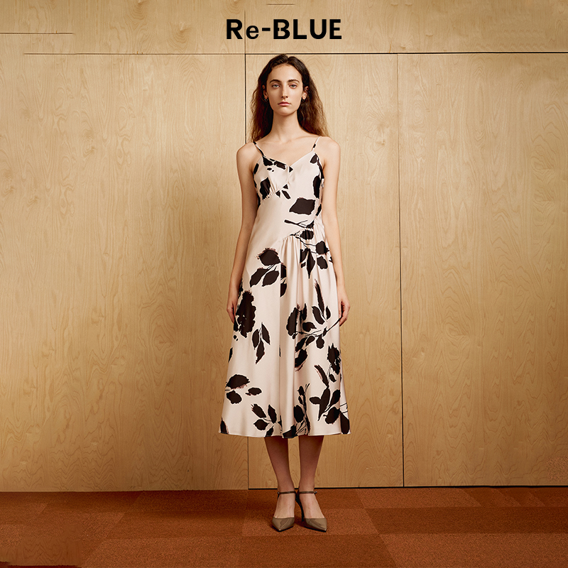 浪漫泼墨玫瑰印花V领吊带连衣裙