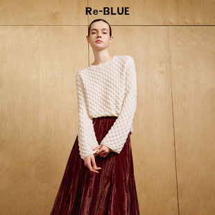 简约知性气质肌理感羊毛圆领针织套头毛衣 BLUE轻奢优雅女装