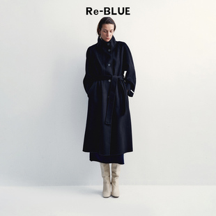 立领系腰绵羊毛外套 复古通勤长款 BLUE轻奢优雅女装