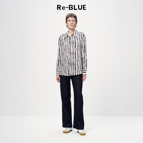 ReBLUE法式轻奢轻薄条纹印花衬衫