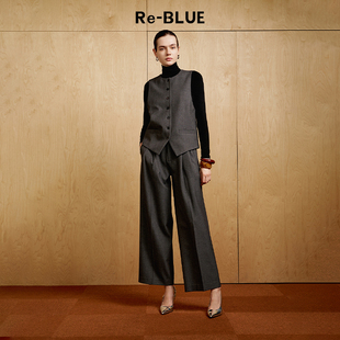 通勤摩登中高腰皮袢阔腿裤 BLUE轻奢优雅女装