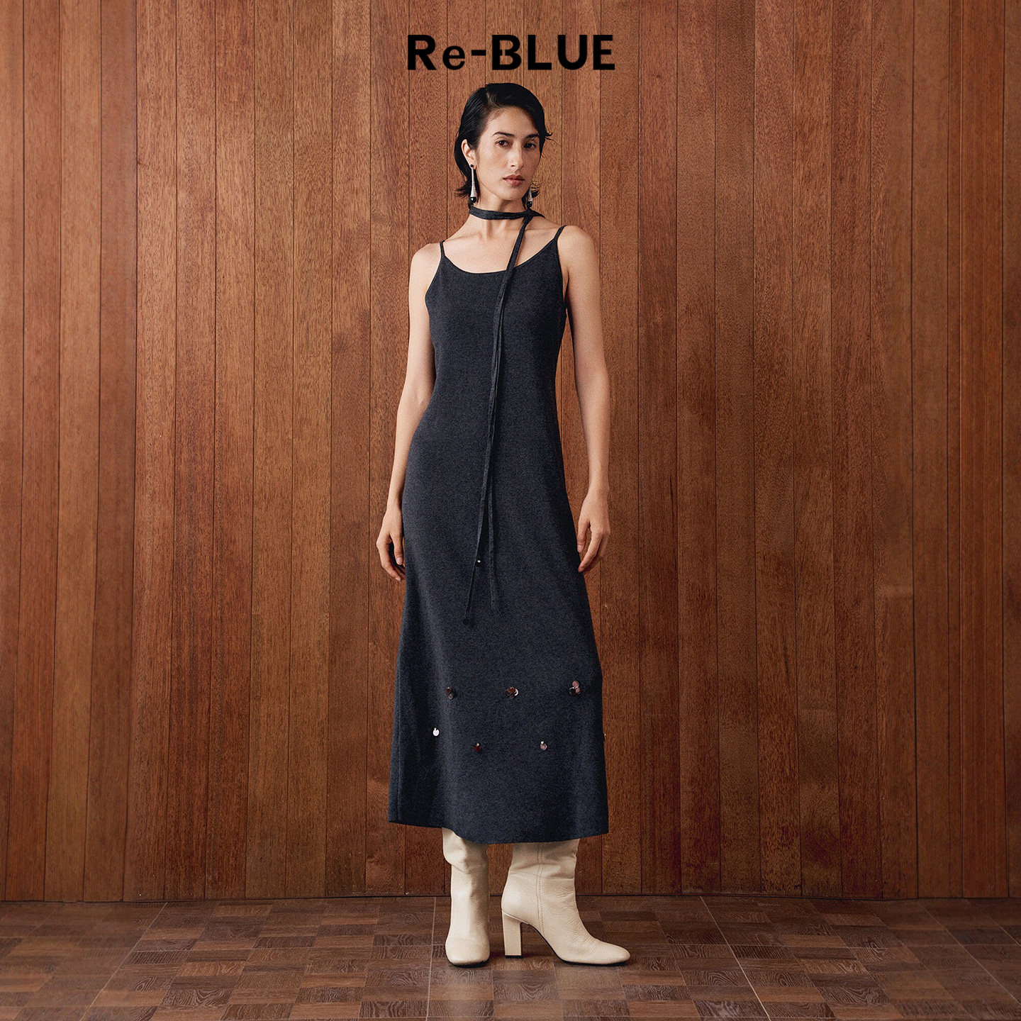 Re-BLUE轻奢优雅女装简约静奢摩登灰色羊毛混纺针织吊带连衣裙