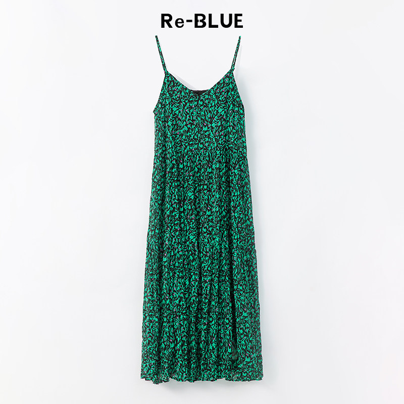 re-blue轻奢优雅女装高级感雪纺碎花吊带连衣裙