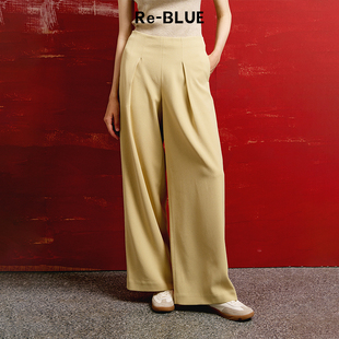 简约舒适宽松打褶阔腿直筒长裤 BLUE轻奢优雅女装