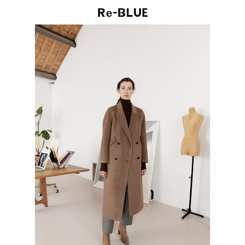 翻领系带长款毛呢大衣外套