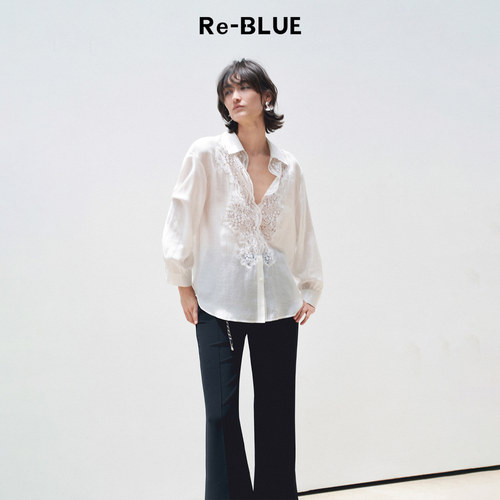 Re-BLUE法式蕾丝拼接长袖衬衫