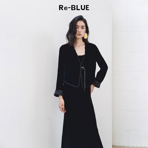 Re-BLUE新中式丝绒短款直身外套