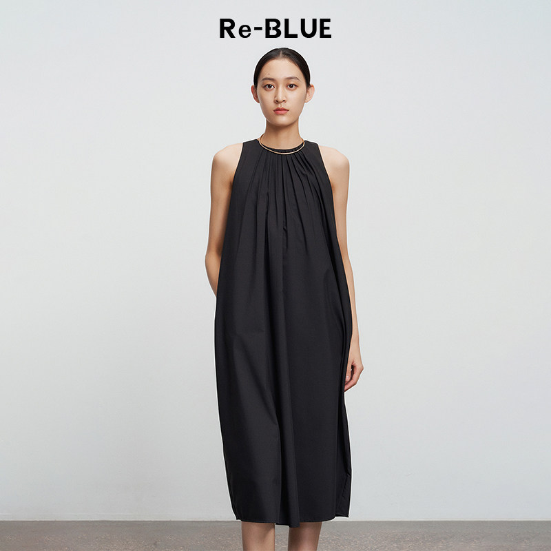 Re-BLUE轻奢优雅女装黑色简约通勤经典百搭圆领打褶无袖连衣裙,女装/女士精品,连衣裙,淘宝优惠券,粉丝福利购,淘宝优惠卷