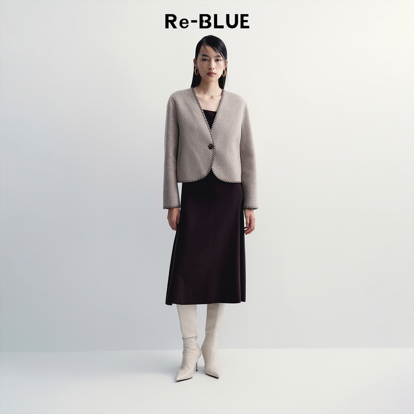 Re-BLUE短款V领双面呢羊毛大衣