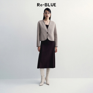 V领双面呢羊毛大衣气质外套 简约复古百搭短款 BLUE轻奢优雅女装