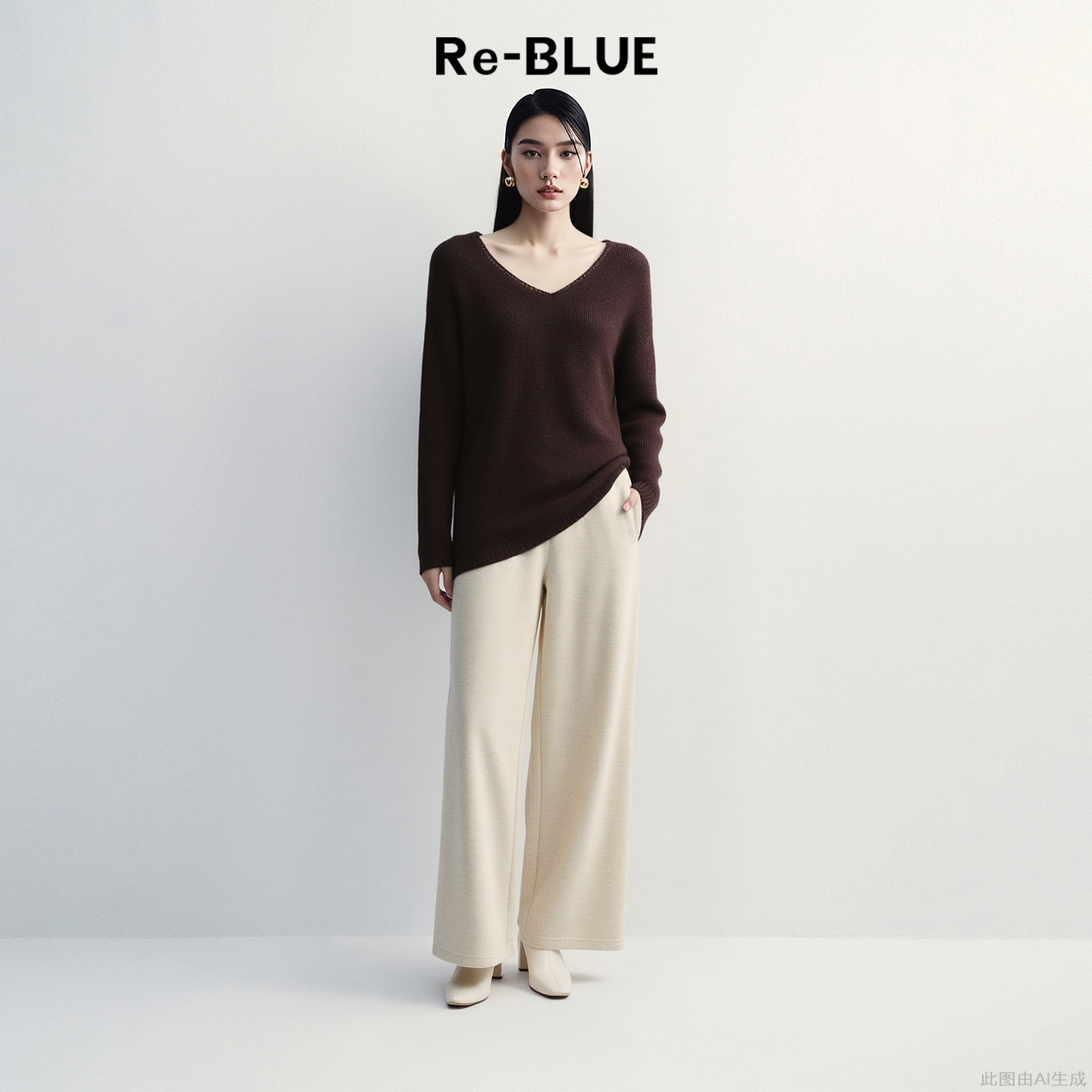 Re-BLUE轻奢优雅女装抽绳松紧腰阔腿裤秋冬高定气质百搭休闲长裤