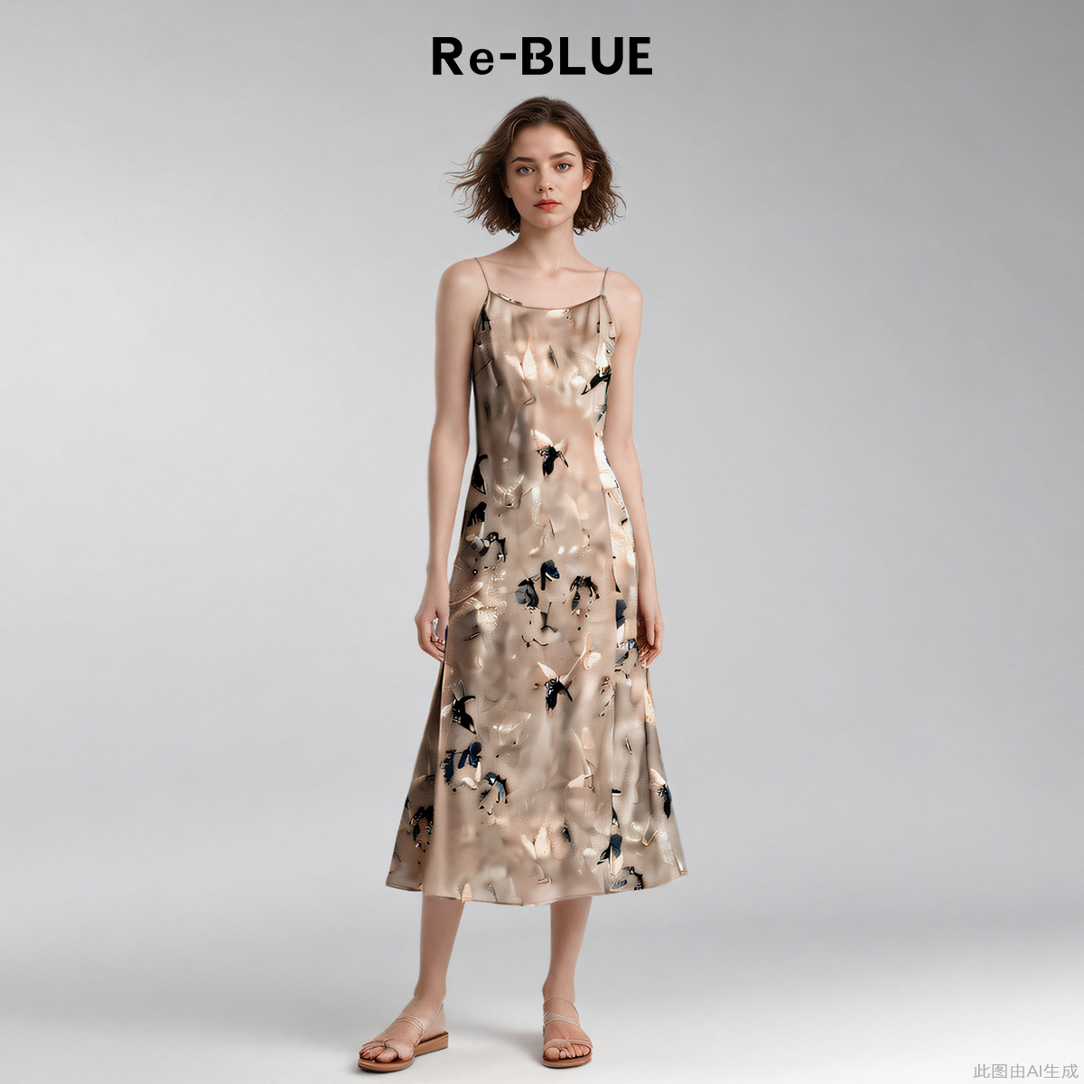 新中式国风水墨蝴蝶印花吊带裙