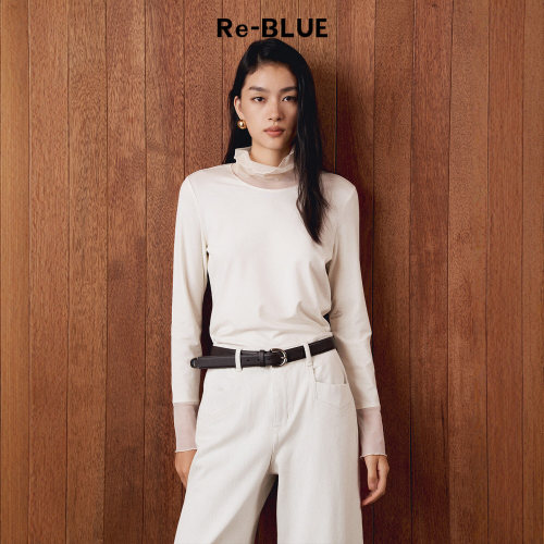 Re-BLUE高领拼接网纱莱赛尔长袖