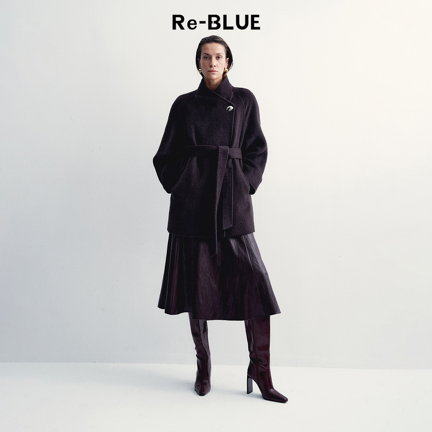 Re-BLUE优雅交领系带毛呢外套