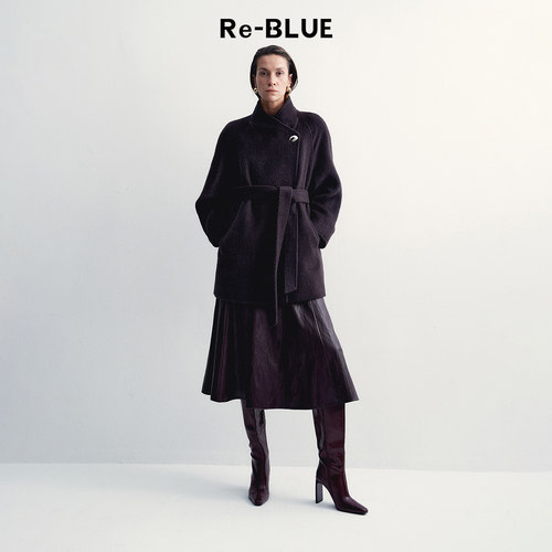 Re-BLUE优雅交领系带毛呢外套