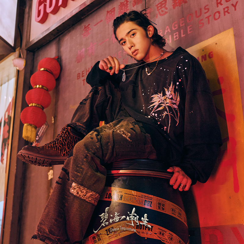 碧海潮生【听雪】秋冬新款中国风国潮纯棉绣花厚打底长袖T恤男女