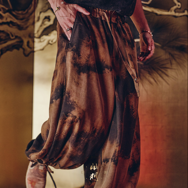 碧海潮生高端限定〓山门46•远山〓中国风真丝香云纱印花休闲长裤