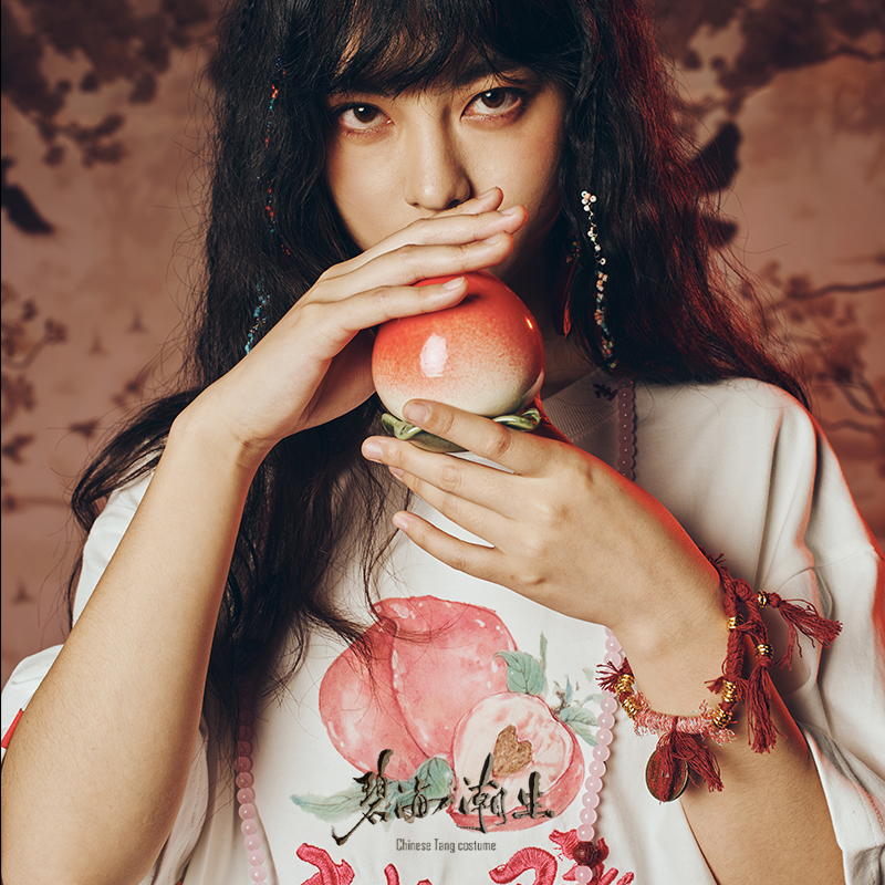 碧海潮生＜元气•桃避＞夏新款中国风国潮纯棉绣印花短袖t恤男女