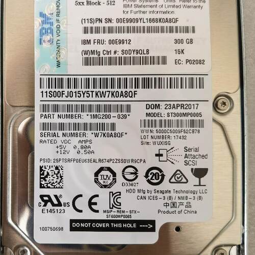 IBM 00E9912 00E9909 009927 P8小型机器硬盘 300G 15K 6Gb SAS