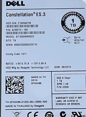 / 1TB SAS 3.5寸 7200转 128MB 0FNW88 ST1000NM0023硬盘