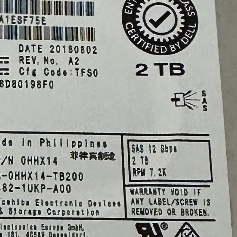 原装 DELL 0HHX14 2T 12G SAS MG04SCA20ENY 服务器 2TB SAS硬盘
