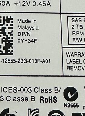 原装DELL 2T SAS 3.5寸 7.2K 0YY34F 硬盘 WD2000FYYG