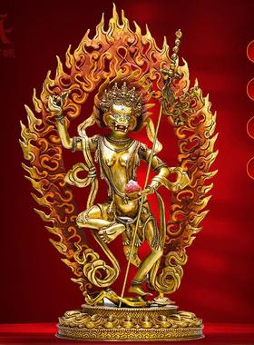 精工铜《狮面空行母》全鎏金雕花室内《空行母》铜像带背光摆件