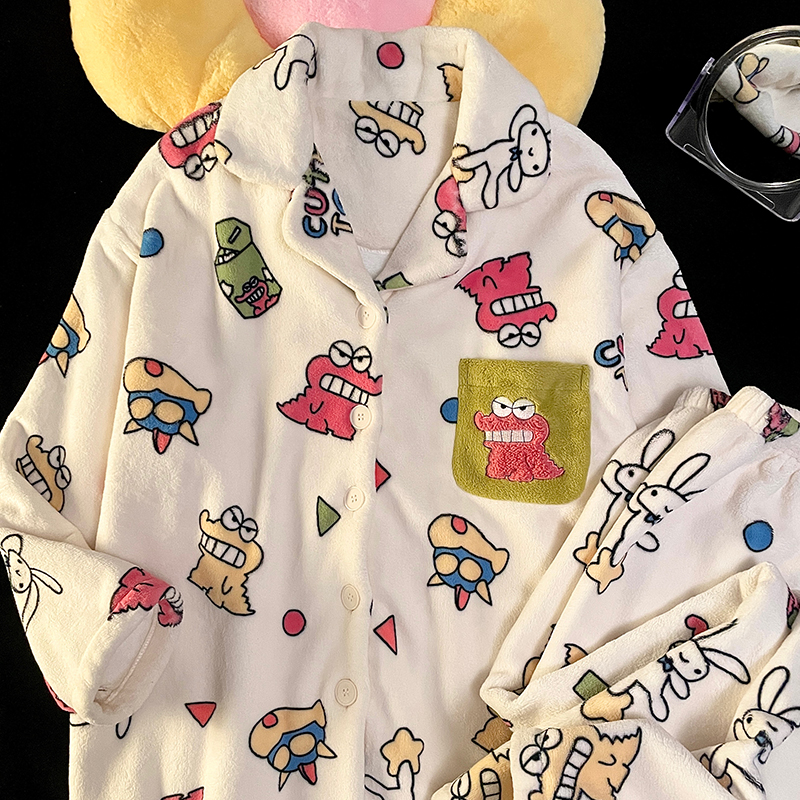蜡笔小新珊瑚绒睡衣女款秋冬季法兰绒加绒加厚毛绒家居服套装冬天