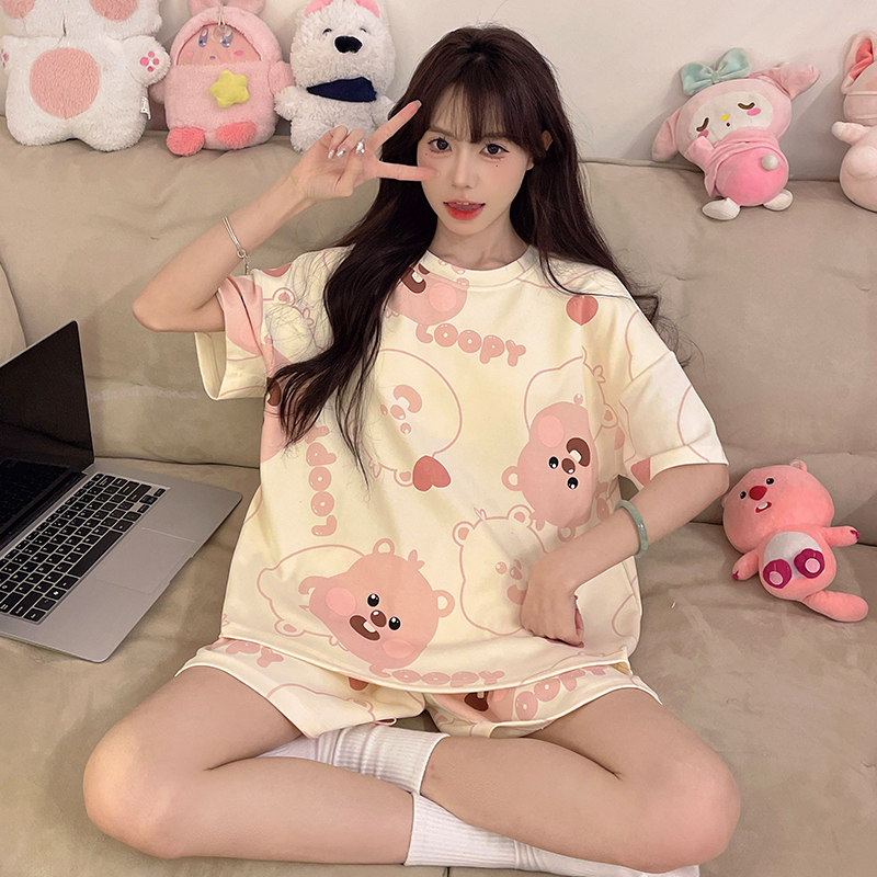 loopy小海狸带胸垫一体短袖睡衣女新款春秋季露比家居服套装夏天