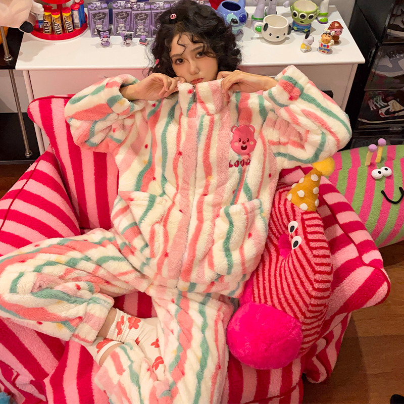 多巴胺loopy露比秋冬季睡衣女款珊瑚绒可爱加绒加厚法兰绒家居服