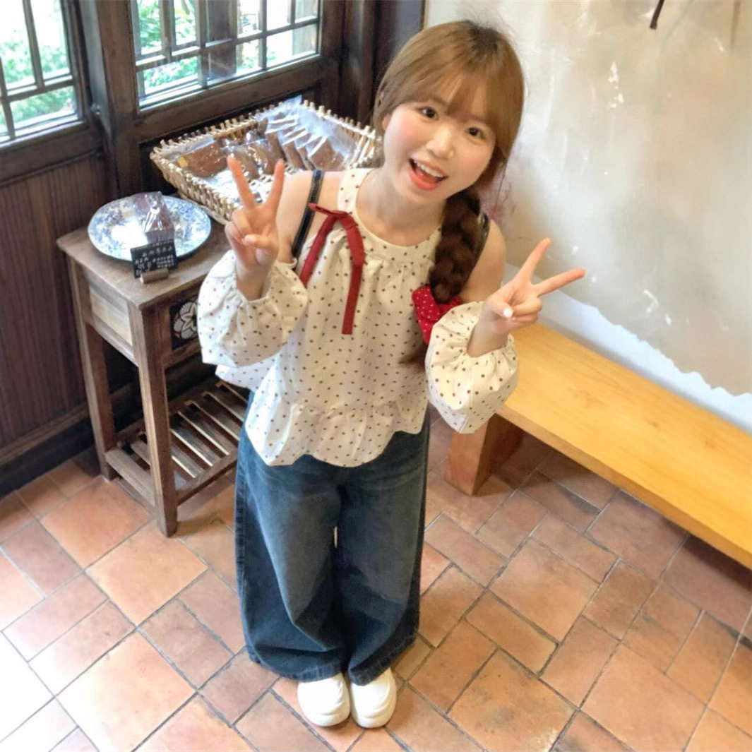 甜美减龄露肩时尚波点长袖衬衫女学生夏季新款宽松套头针织衫上衣
