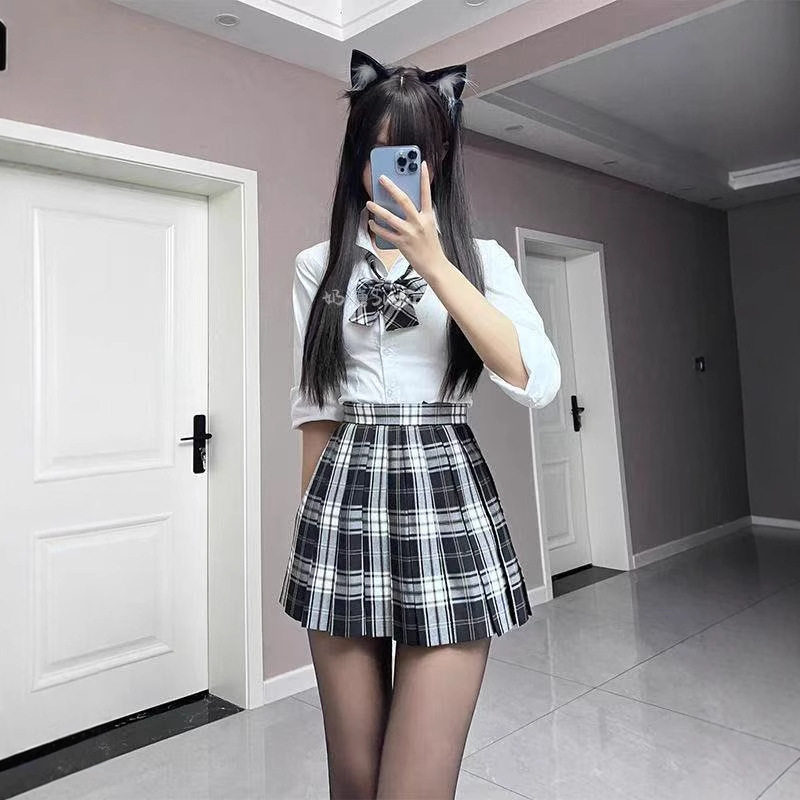 学院风jk制服正版套装原创春秋长袖拼接收腰衬衫黑板报短裙套装女