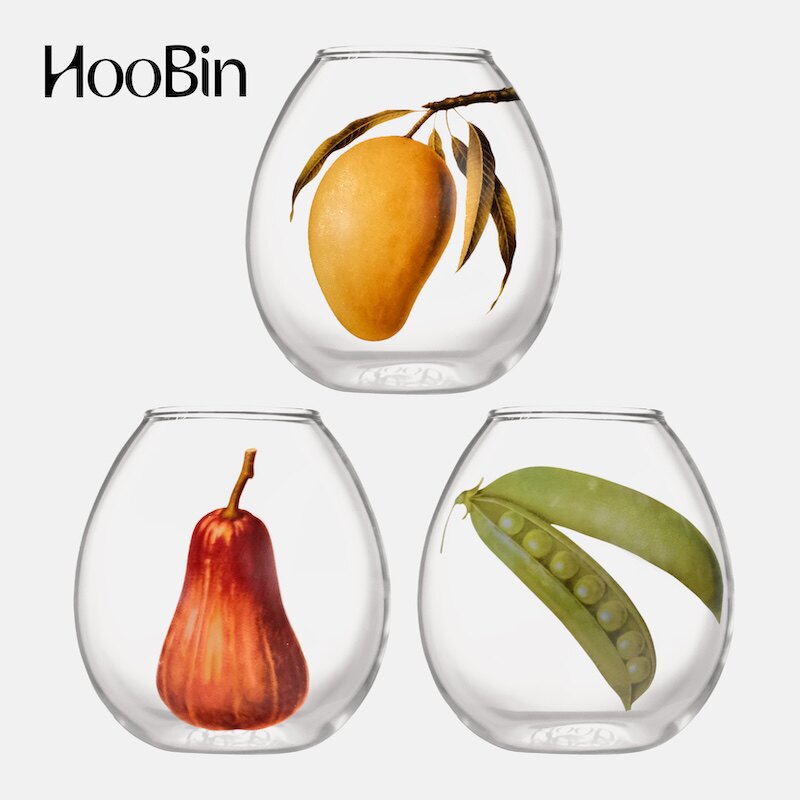 HooBin 丰收系列蛋形牛奶杯子 莲雾芒果豌豆蔬果图案玻璃透明异形