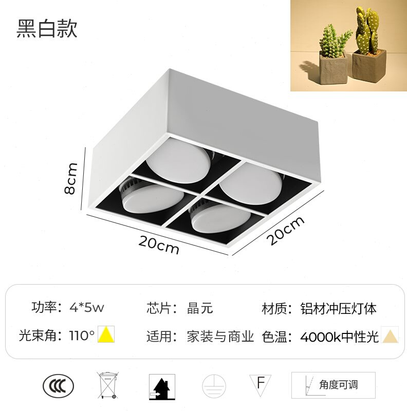 新品普洛缇LED筒灯明装Z格栅吸顶四头斗胆盒仔客S厅饭厅书房无主