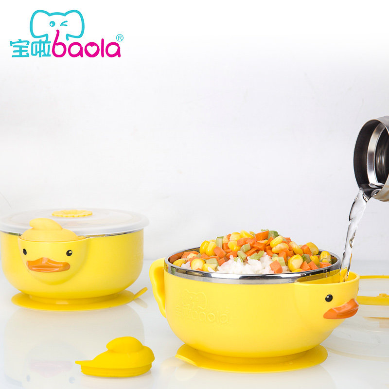 宝啦婴幼儿童注水保温碗单耳g不锈钢吸盘碗宝宝小黄鸭辅食碗带盖