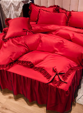极速厂促结婚四件套床上用品大红色绣花新Io婚刺e绣被套婚礼套件