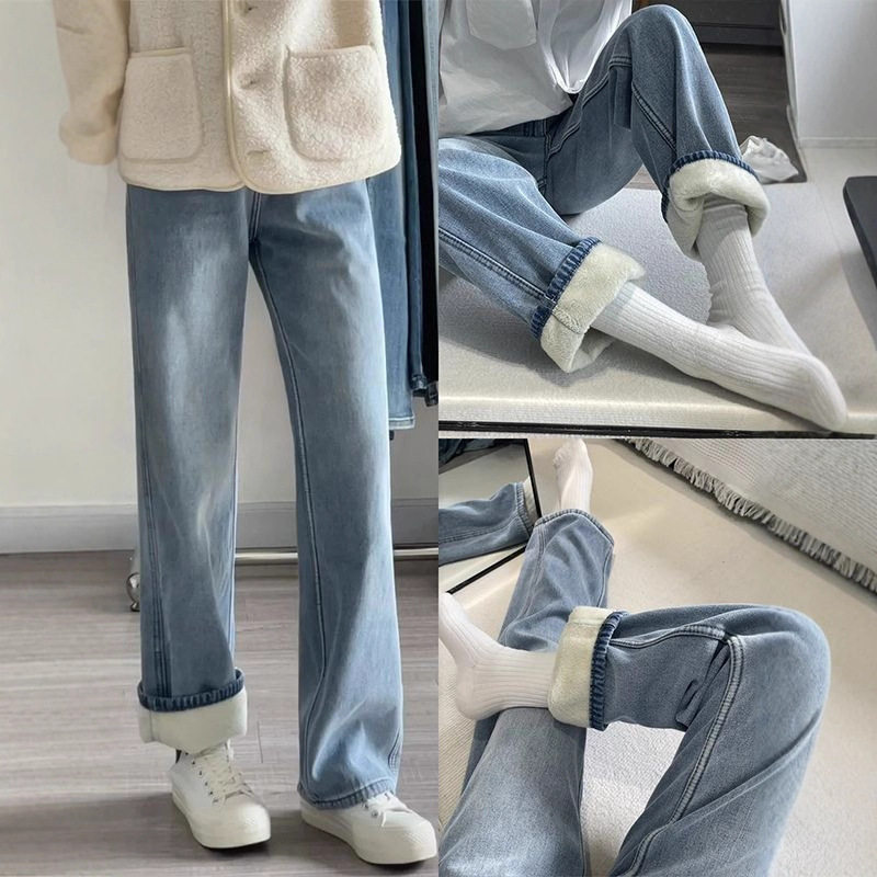 加绒加厚直筒牛仔裤女2025秋冬新款大码胖mm高腰遮胯显瘦阔腿裤子