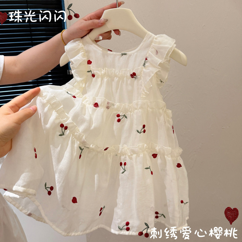 女童夏季新款樱桃刺绣连衣裙女宝宝休闲款时尚洋气品质童装欧若风