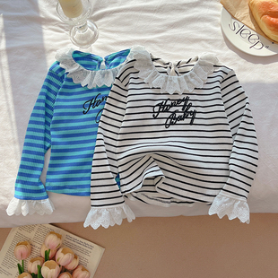 女童春秋装新款洋气蕾丝花边领条纹T恤儿童长袖打底衫黑白色内搭