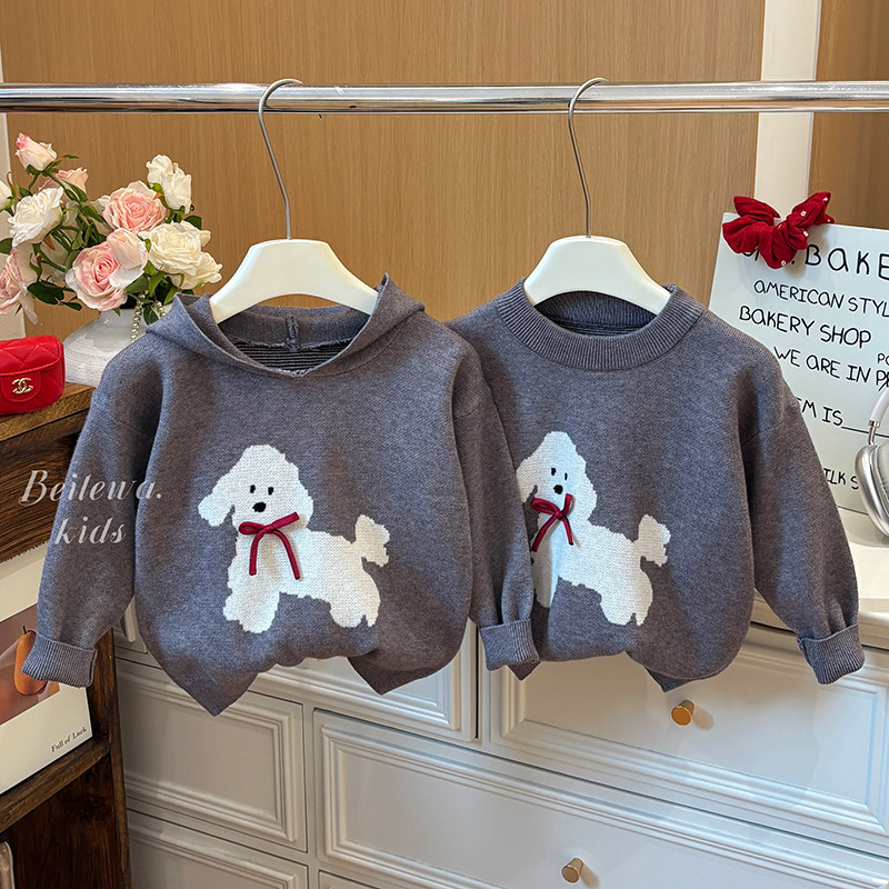 女童可爱小狗洋气连帽针织衫毛衣